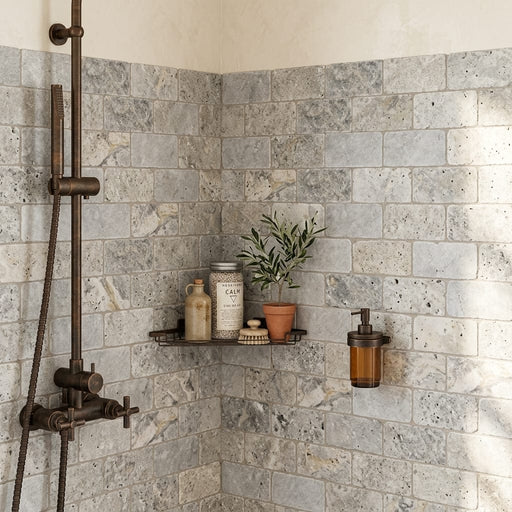 Silver Travertine Tile 3x6 Tumbled — Bathroom shower wall