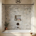 Silver Travertine Tile 3x6 Tumbled — Bathroom tub surround