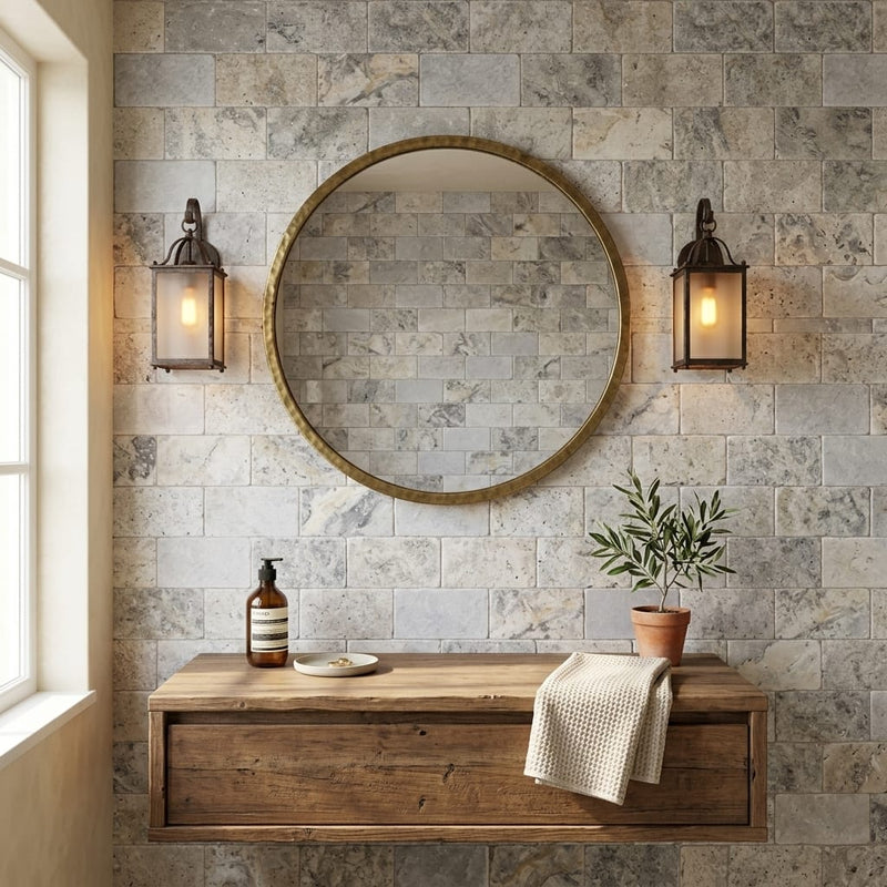 Silver Travertine Tile 3x6 Tumbled — Bathroom wall