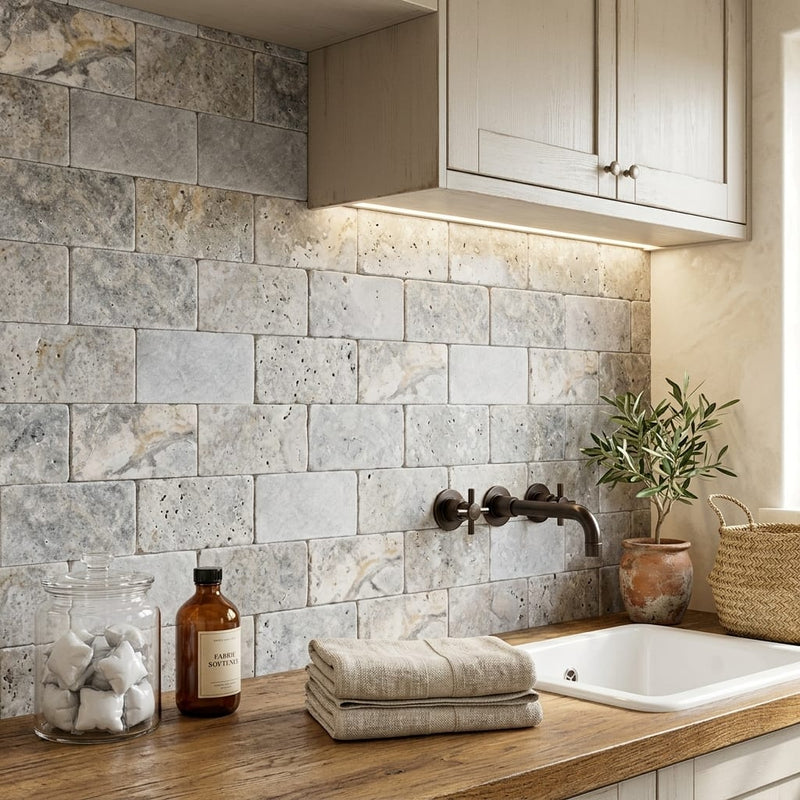 Silver Travertine Tile 3x6 Tumbled — Laundry Room backsplash