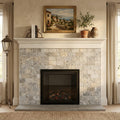 Silver Travertine Tile 3x6 Tumbled — Living Room fireplace surround
