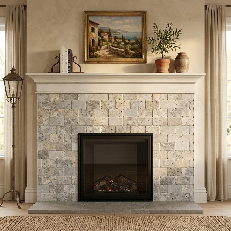 Silver Travertine Tile 3x6 Tumbled — Living Room fireplace surround