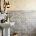 Silver Travertine Tile 3x6 Tumbled — Powder Room wainscot