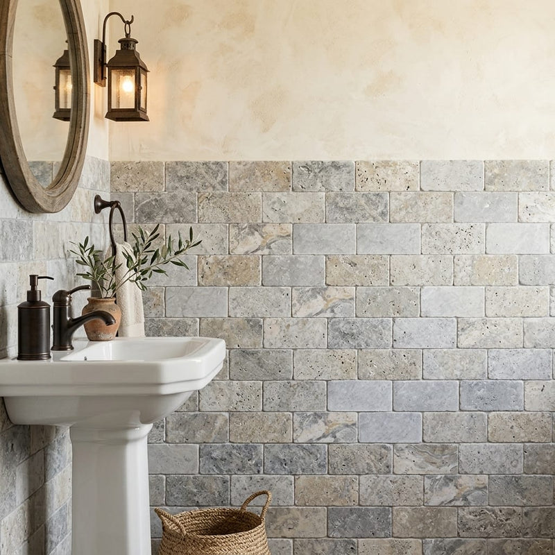 Silver Travertine Tile 3x6 Tumbled — Powder Room wainscot