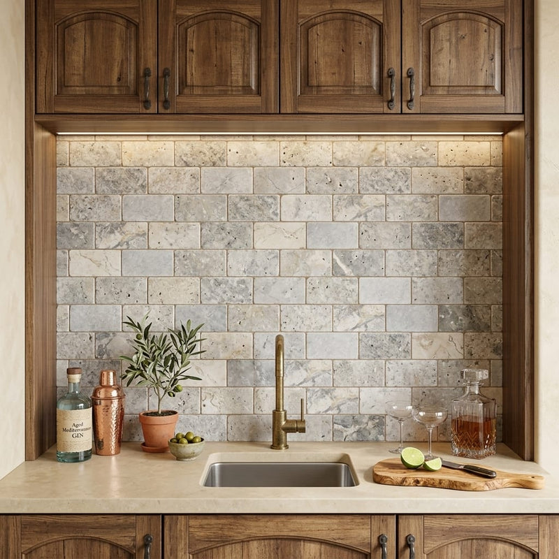 Silver Travertine Tile 3x6 Tumbled — Wet Bar backsplash