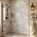 Silver Travertine Tile 3x6 Tumbled — Bathroom shower wall edge