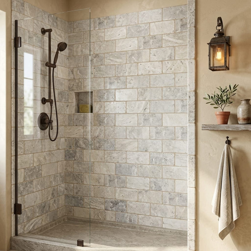 Silver Travertine Tile 3x6 Tumbled — Bathroom shower wall edge