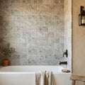 Silver Travertine Tile 3x6 Tumbled — Bathroom tub surround edge