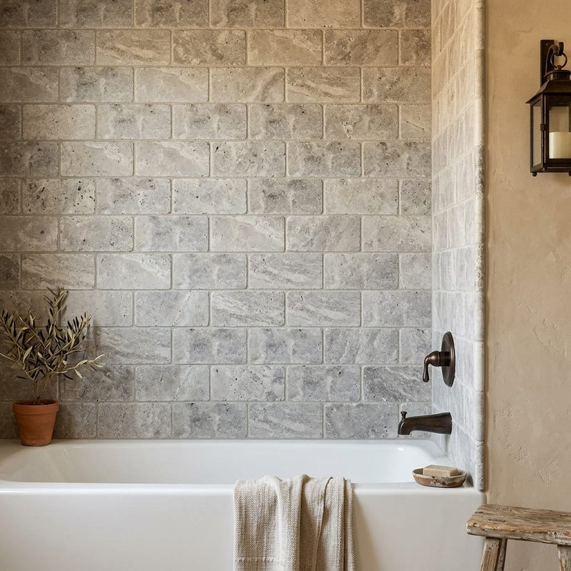 Silver Travertine Tile 3x6 Tumbled — Bathroom tub surround edge