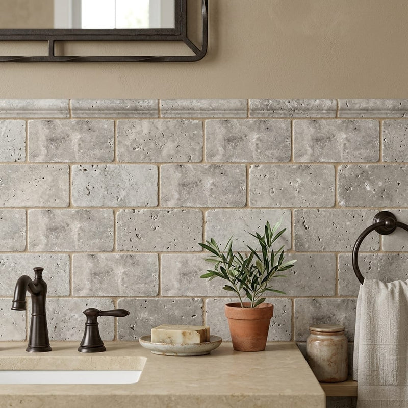 Silver Travertine Tile 3x6 Tumbled — Bathroom wainscot cap
