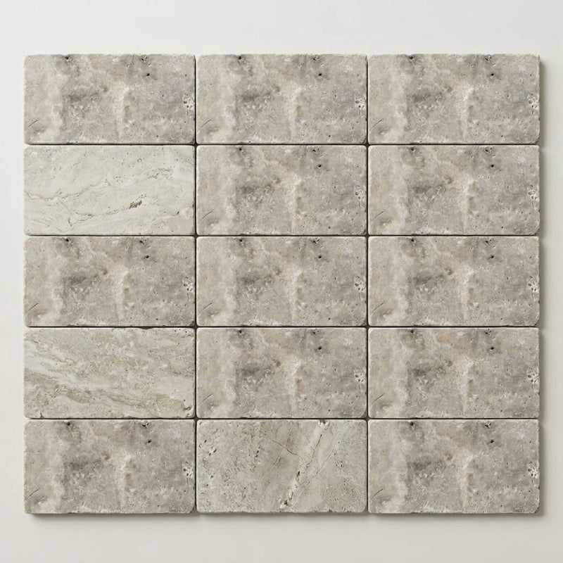 Silver Travertine Tile 3x6 Tumbled close-up