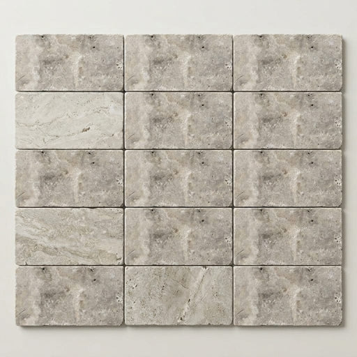 Silver Travertine Tile 3x6 Tumbled close-up