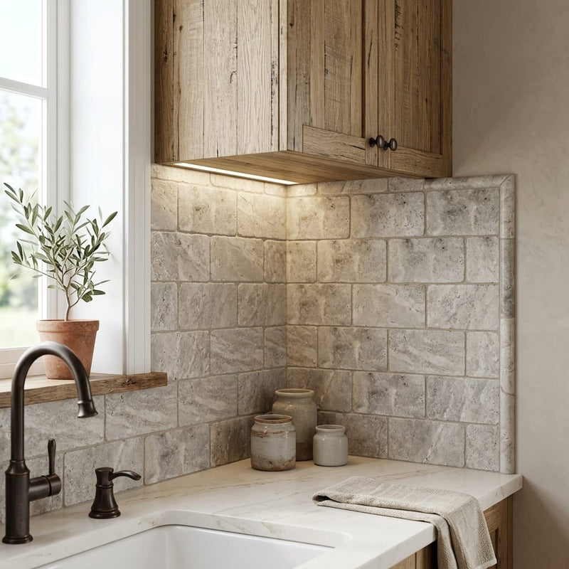 Silver Travertine Tile 3x6 Tumbled — Kitchen backsplash edge