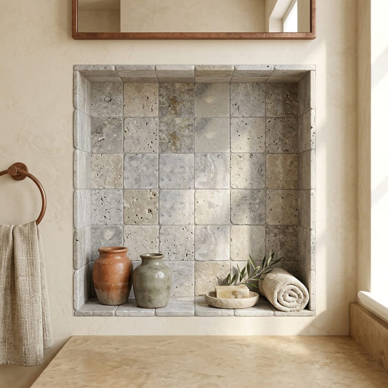 Silver Travertine Tile 4x4 Tumbled — Bathroom niche