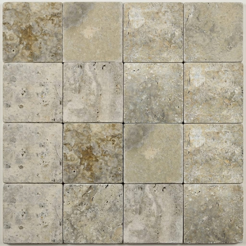 Silver Travertine Tile 4x4 Tumbled close-up
