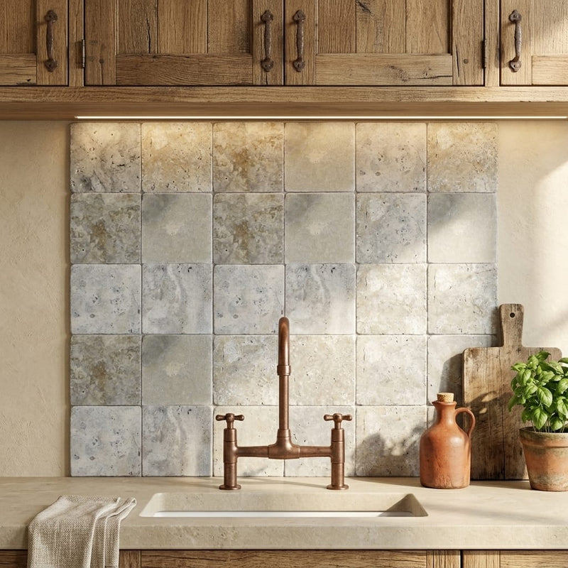 Silver Travertine Tile 4x4 Tumbled — Kitchen backsplash