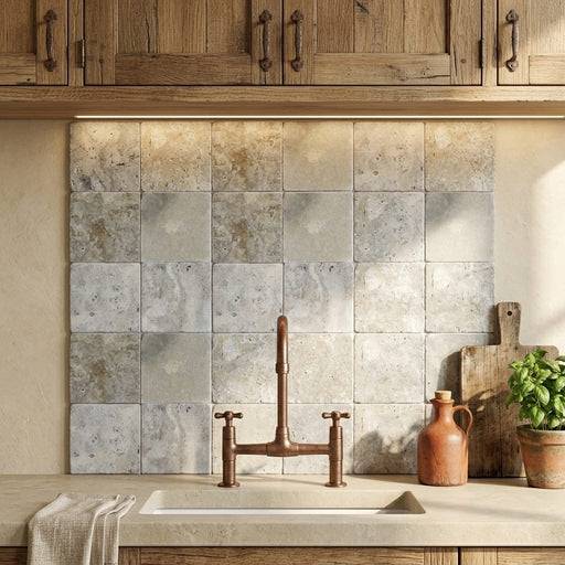 Silver Travertine Tile 4x4 Tumbled — Kitchen backsplash
