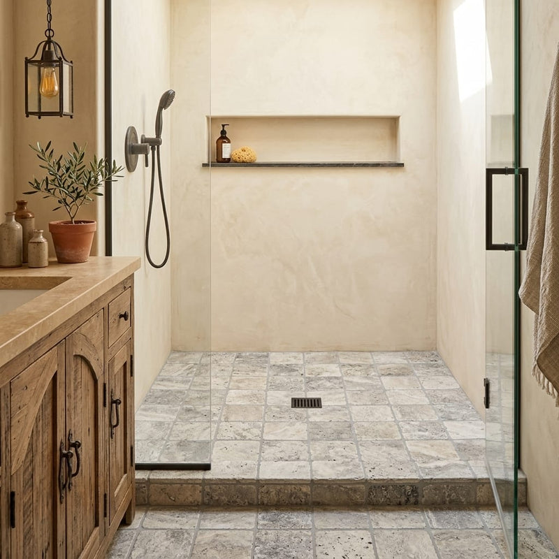 Silver Travertine Tile 4x4 Tumbled — Bathroom shower floor