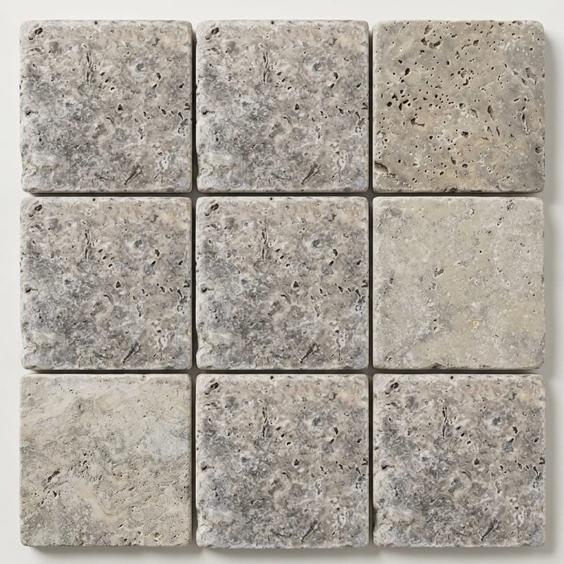 Silver Travertine Tile 4x4 Tumbled close-up