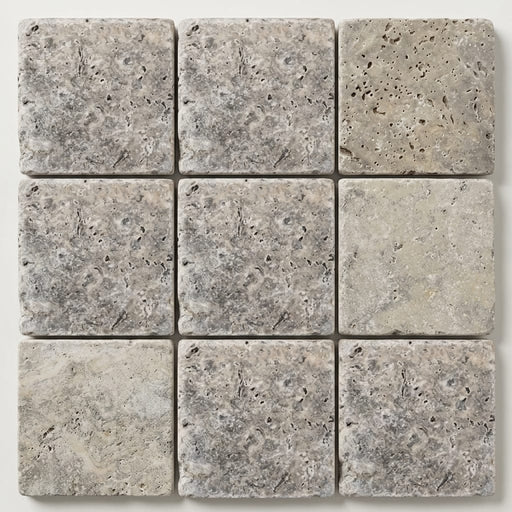 Silver Travertine Tile 4x4 Tumbled close-up