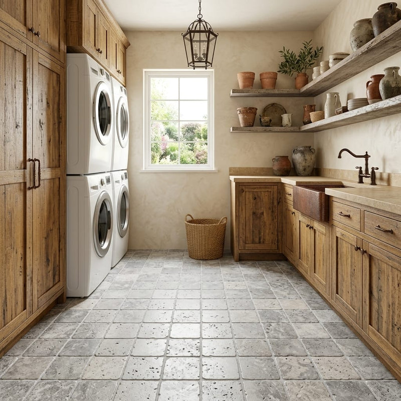 Silver Travertine Tile 4x4 Tumbled — Laundry Room floor