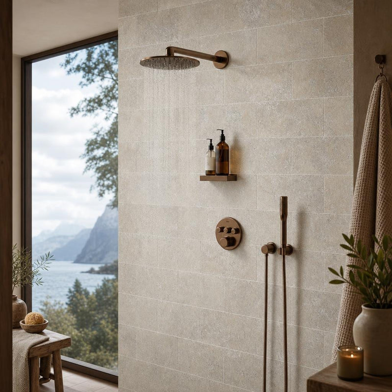 Silver Travertine Tile 6x12 Tumbled — Bathroom shower wall