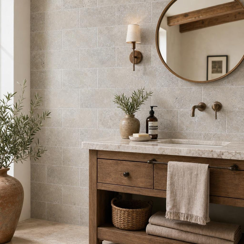 Silver Travertine Tile 6x12 Tumbled — Bathroom wall