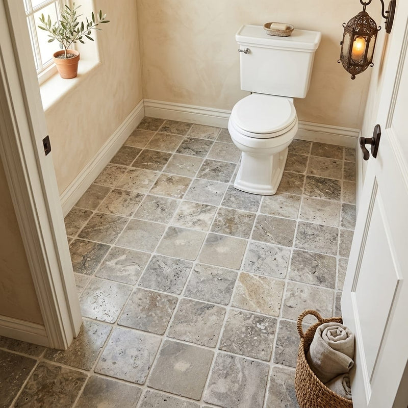Silver Travertine Tile 6x6 Tumbled — Bathroom floor