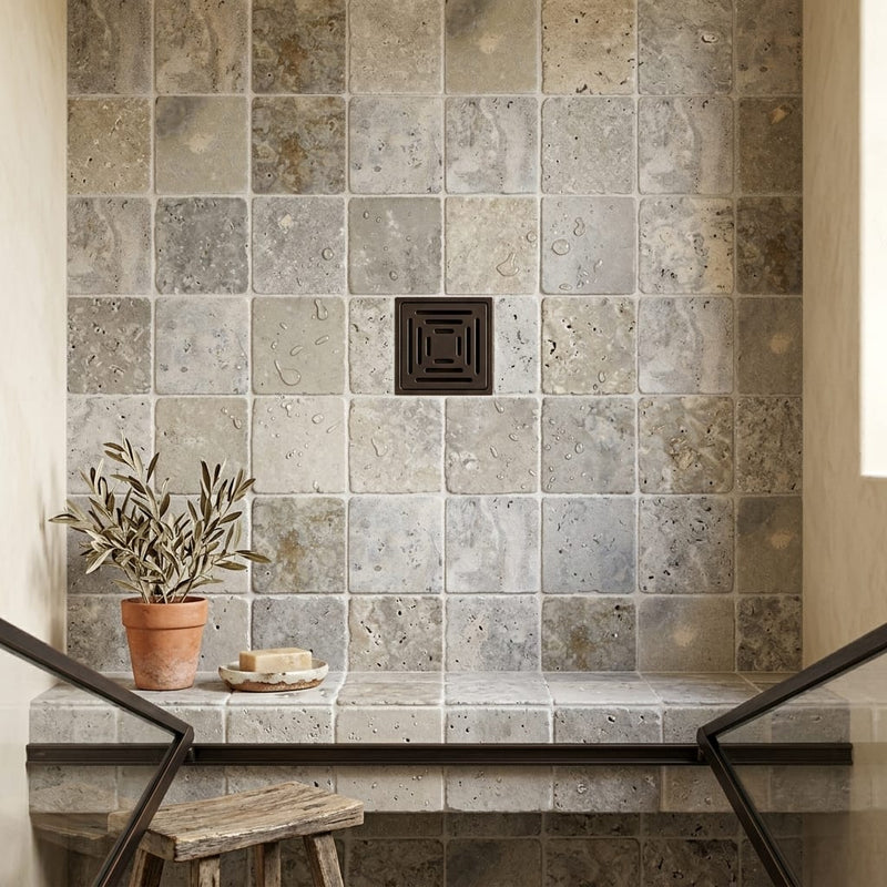 Silver Travertine Tile 6x6 Tumbled — Bathroom shower floor