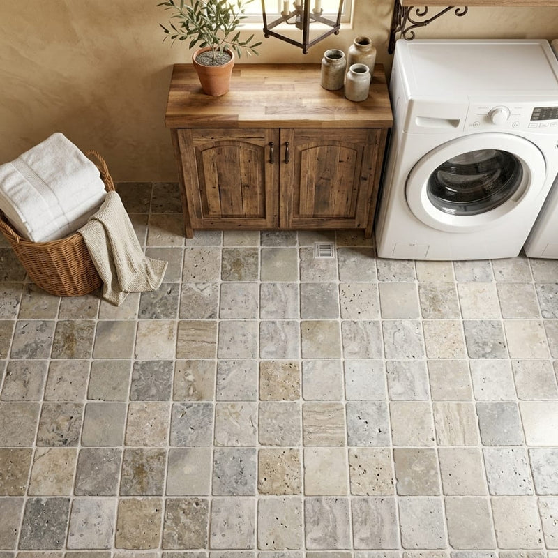 Silver Travertine Tile 6x6 Tumbled — Laundry Room floor