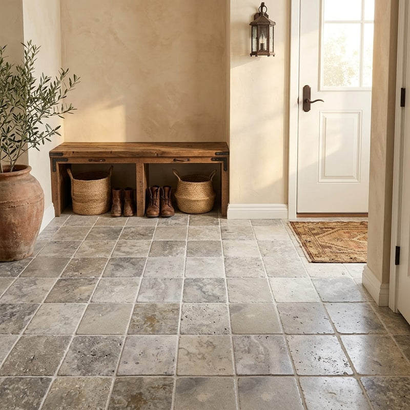Silver Travertine Tile 6x6 Tumbled — Mudroom floor