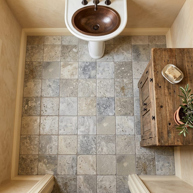 Silver Travertine Tile 6x6 Tumbled — Powder Room floor