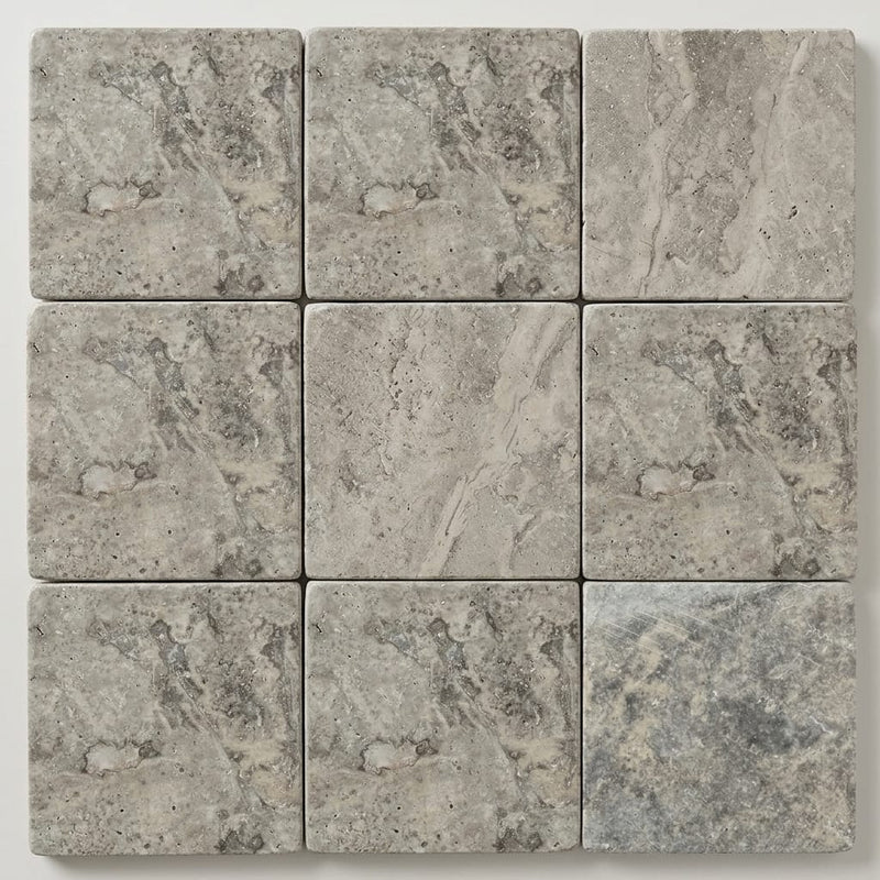 Silver Travertine Tile 6x6 Tumbled close-up