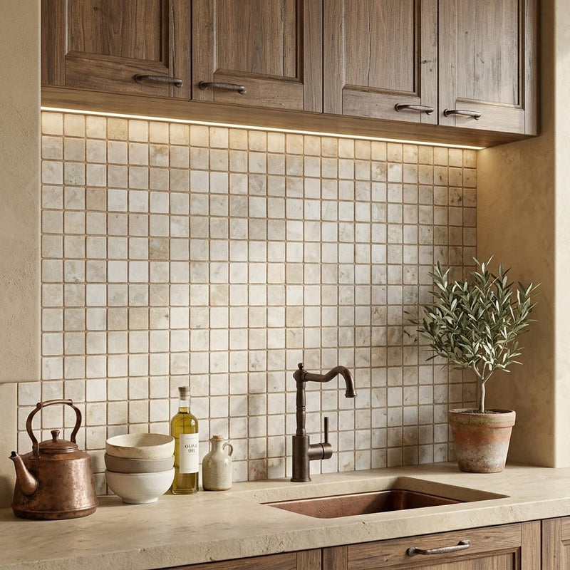 Silver Travertine Tumbled 1 x 1 Square Mosaic 1x1 — Kitchen backsplash