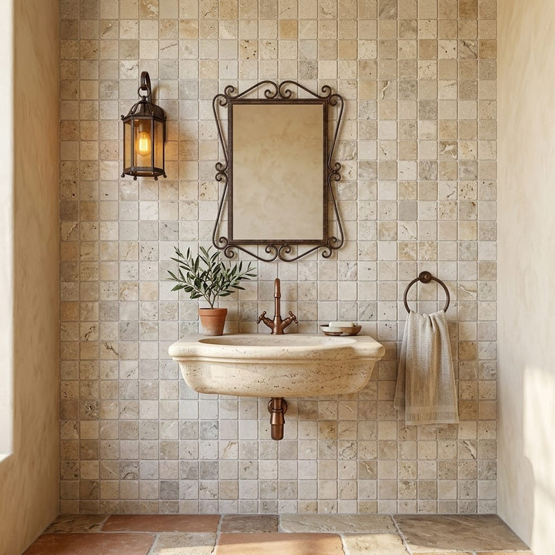 Silver Travertine Tumbled 1 x 1 Square Mosaic 1x1 — Powder Room wall