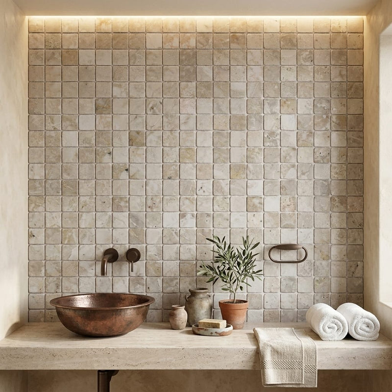 Silver Travertine Tumbled 1 x 1 Square Mosaic 1x1 — Spa spa interior