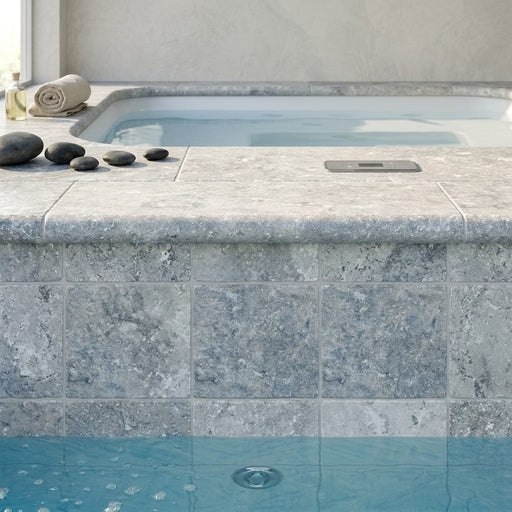 Silver Travertine Tumbled 12 x 12 x 1.25 Bullnose Coping 12x12 pool coping — Spa spa overhang edge