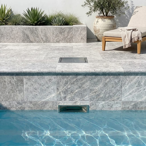 Silver Travertine Tumbled 12 x 12 x 1.25 Bullnose Coping 12x12 pool coping — Swimming Pool remodel pool edge