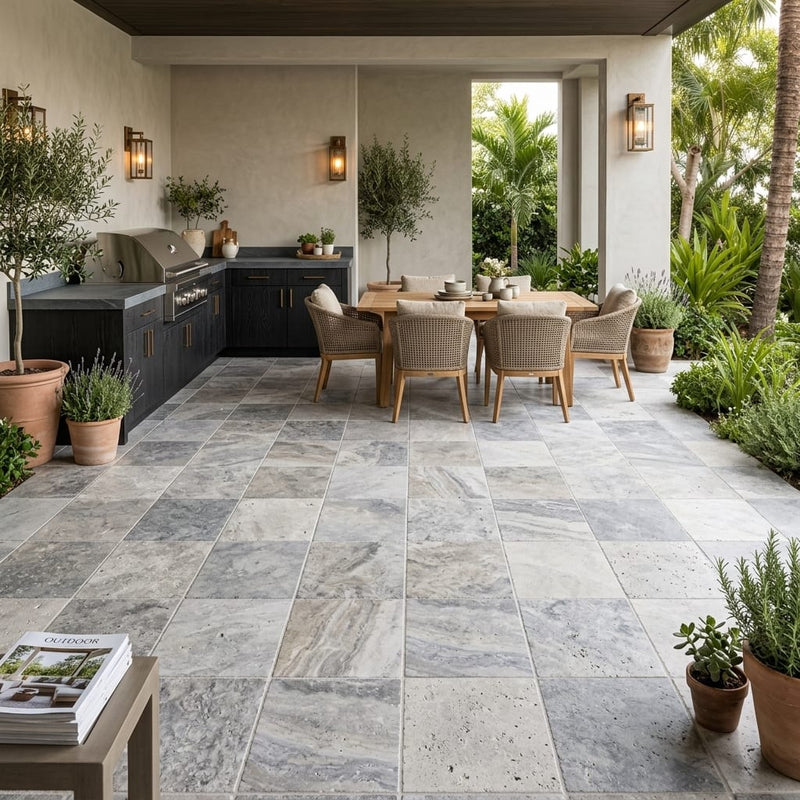Silver Travertine Tumbled 12 x 12 x 1.25 Paver 12x12 — Backyard patio