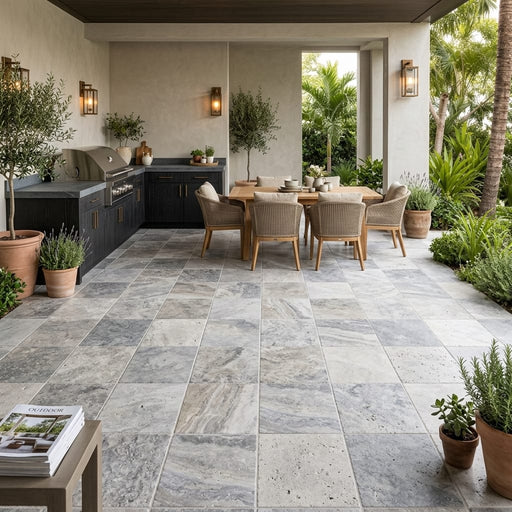 Silver Travertine Tumbled 12 x 12 x 1.25 Paver 12x12 — Backyard patio