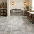 Silver Travertine Tumbled 12 x 12 x 3/8 Cross Cut Tile 12x12 — Basement floor