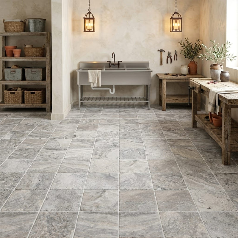 Silver Travertine Tumbled 12 x 12 x 3/8 Cross Cut Tile 12x12 — Basement floor