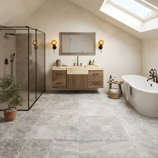 Silver Travertine Tumbled 12 x 12 x 3/8 Cross Cut Tile 12x12 — Bathroom floor