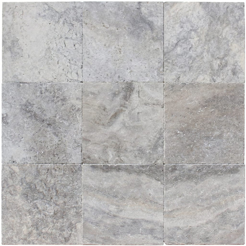 Silver Travertine Tumbled 12 x 12 x 3/8 Cross Cut Tile 12x12 close-up