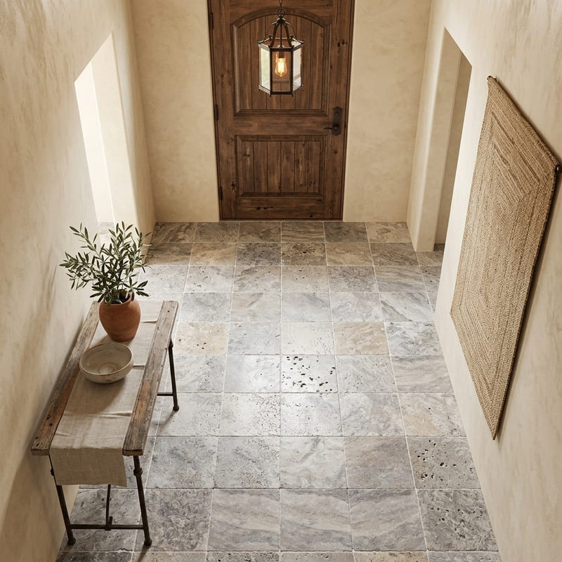 Silver Travertine Tumbled 12 x 12 x 3/8 Cross Cut Tile 12x12 — Hallway floor