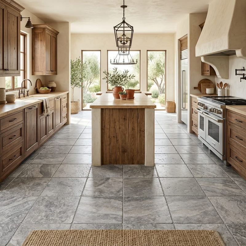 Silver Travertine Tumbled 12 x 12 x 3/8 Cross Cut Tile 12x12 — Kitchen floor