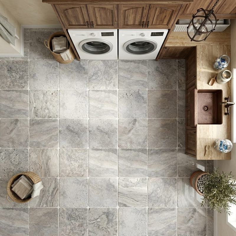 Silver Travertine Tumbled 12 x 12 x 3/8 Cross Cut Tile 12x12 — Laundry Room floor