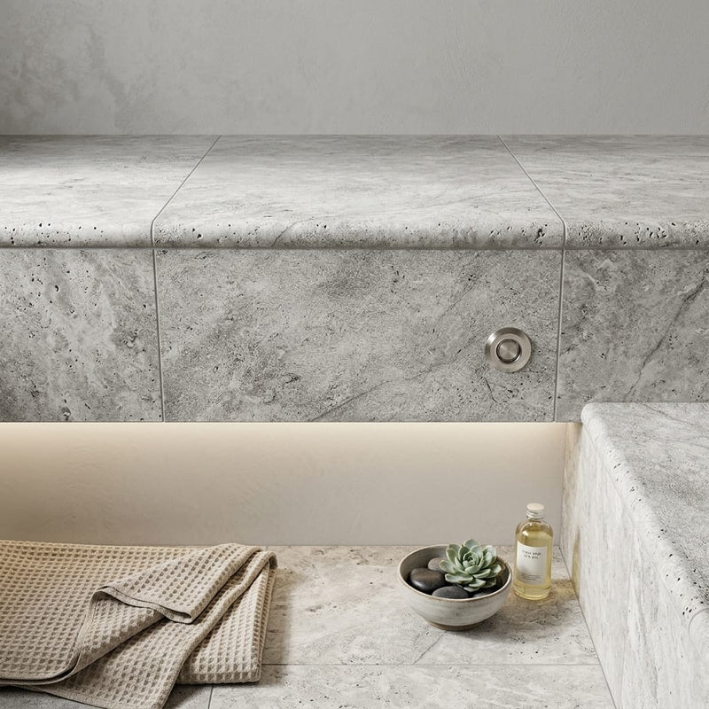 Silver Travertine Tumbled 12 x 24 x 1.25 Bullnose Coping 12x24 pool coping — Spa spa overhang edge