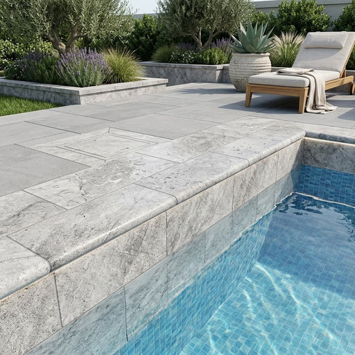 Silver Travertine Tumbled 12 x 24 x 1.25 Bullnose Coping 12x24 pool coping — Swimming Pool remodel pool edge
