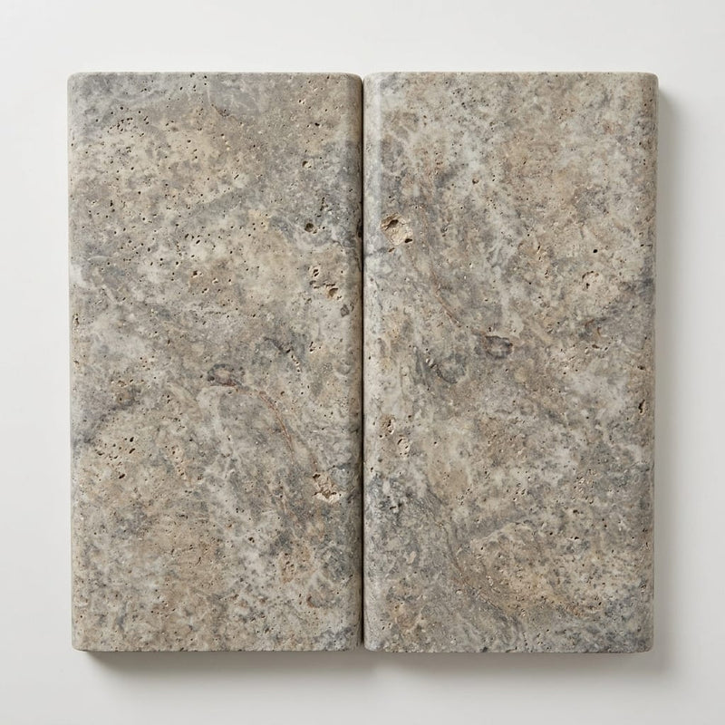 Silver Travertine Tumbled 12 x 24 x 1.25 Double Bullnose Coping 12x24 close-up